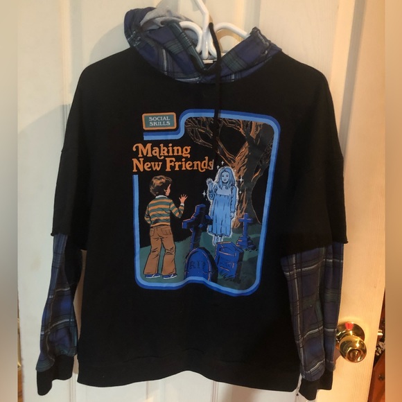 Unisex black with plaid contrast hoodie - Picture 2 of 7